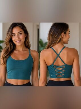Halara Crisscross Backless Cropped Yoga Tank Top Teal XXL/1X  Built in Bra NEW